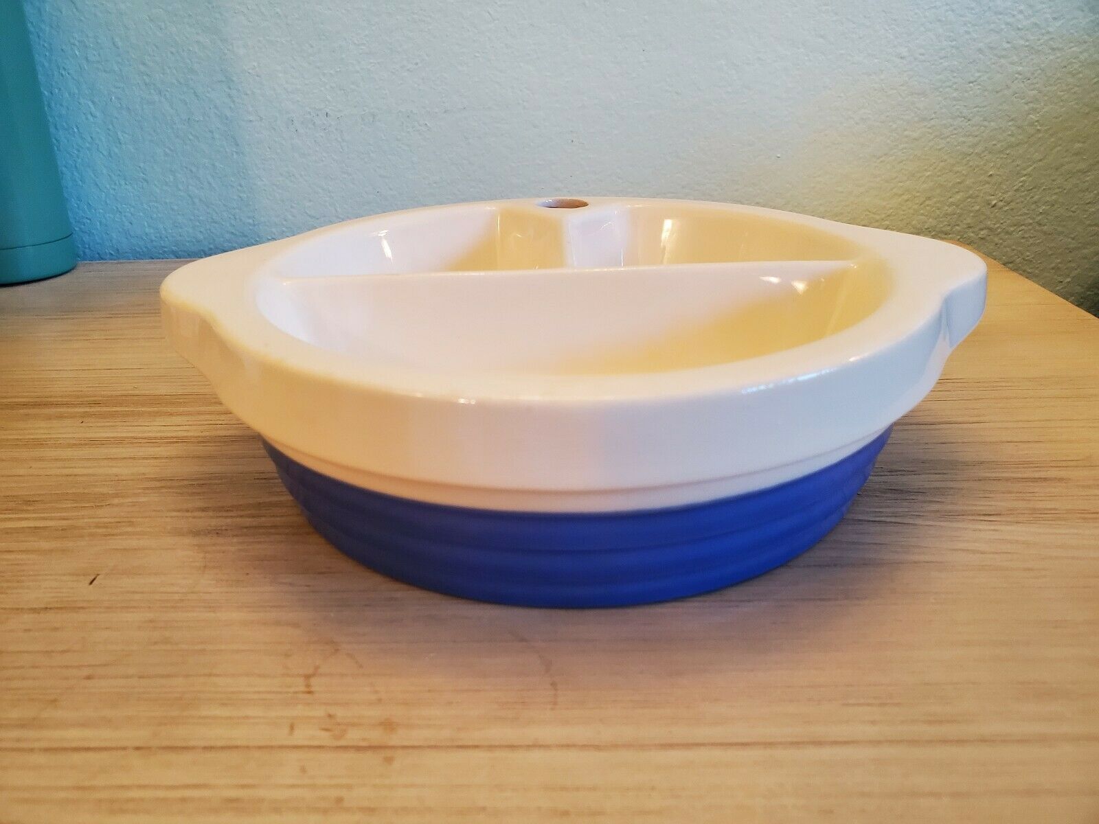 Baby Warming Food Dish Blue & White Ceramic Guc 1950s Excello
