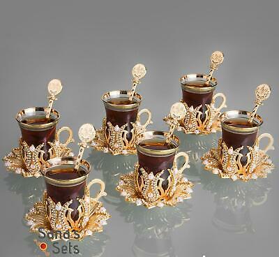 Ahsen Gold Color Stone And Pearl Decorated Tea Set With Spoons