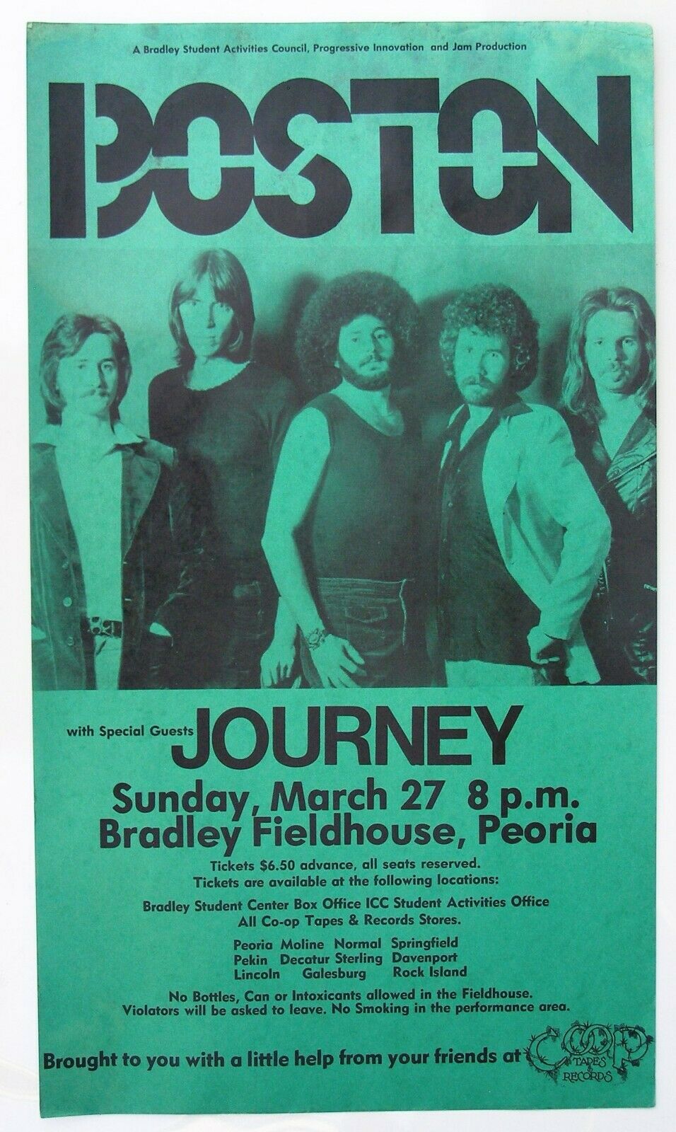 1977 Concert Poster: Boston, Journey.  Fieldhouse, Bradley University, Peoria