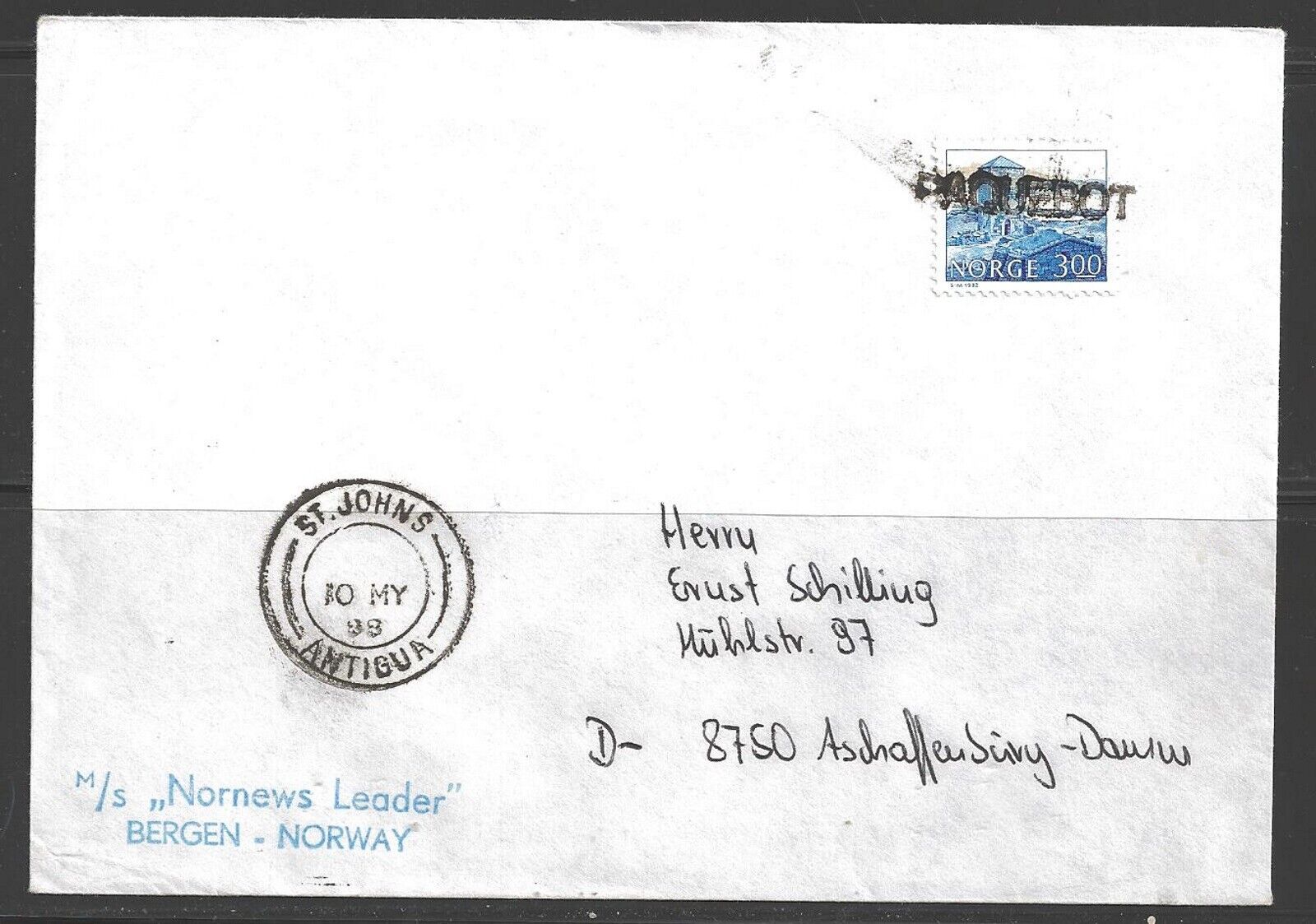 1988 Paquebot Cover Norway Stamp Used In St. Johns, Antigua (10 My)