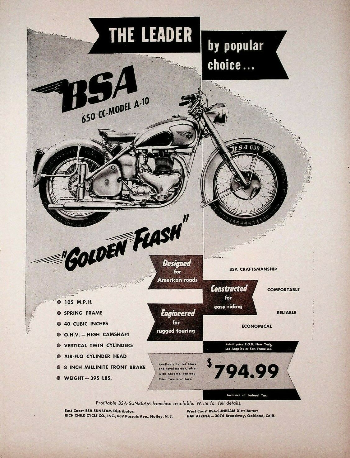 1951 Bsa Golden Flash 650cc Model A-10 - Vintage Motorcycle Ad