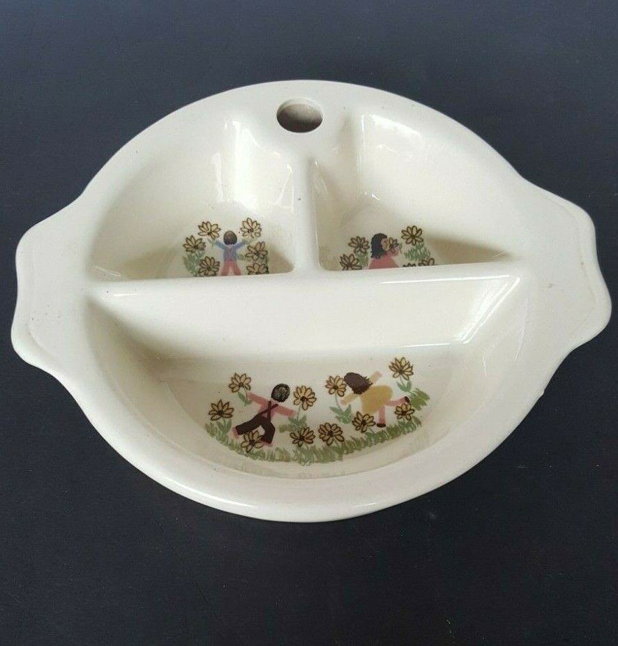 Vintage 1950s Excello Ceramic Baby Warming Divided Dish Children With Flowers
