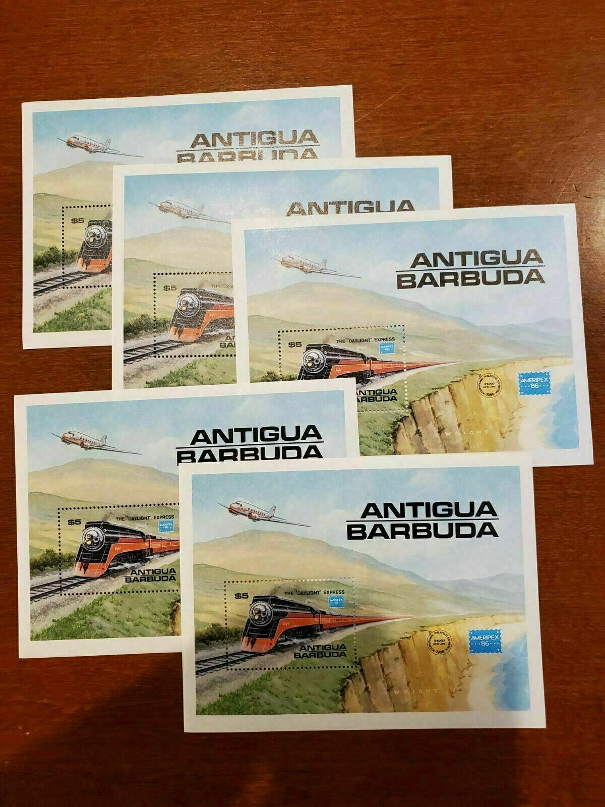 Antigua Scott #938 Mnh $5 1986 Train, Railroad Souvenir Sheets Lot Of 5 Sheets!