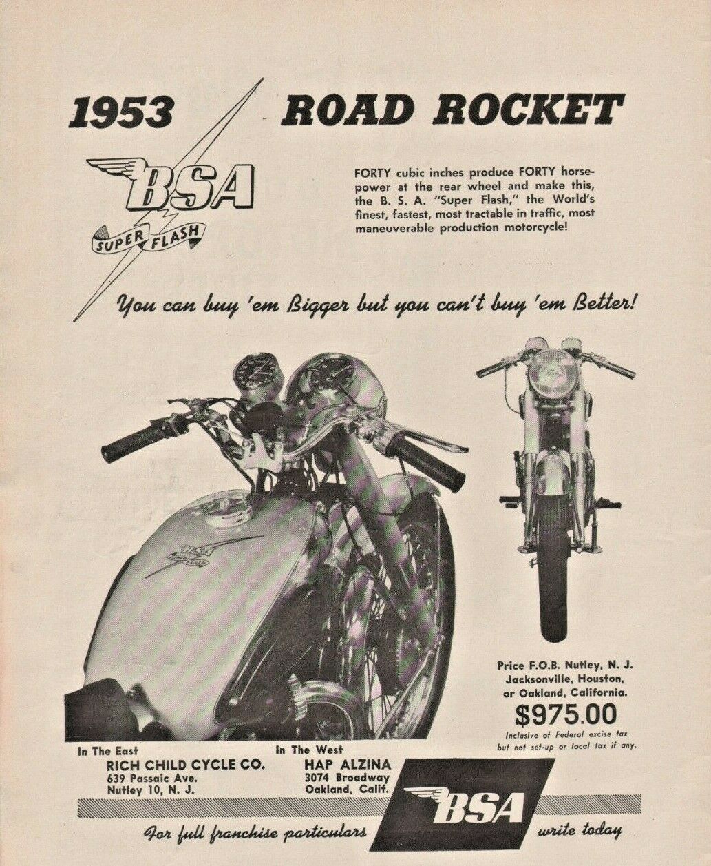 1953 Bsa Super Flash Road Rocket - Vintage Motorcycle Ad