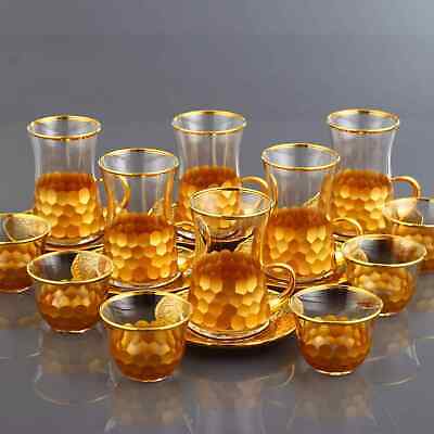 18 Pcs Luxury Gold Color Tea Set With Metal Plates And Coffee Cups