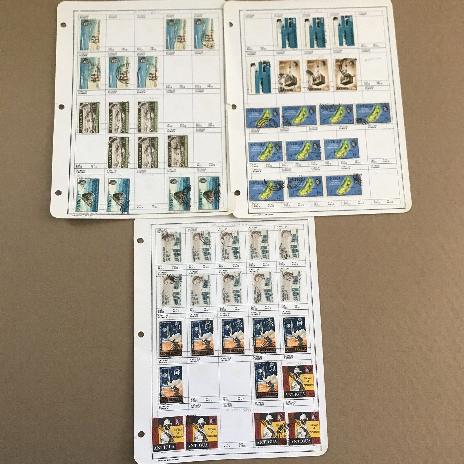 Lot/3 Hinged on Sheets of Postage Stamps ANTIGUA Multiple Duplicates SEE PHOTOS