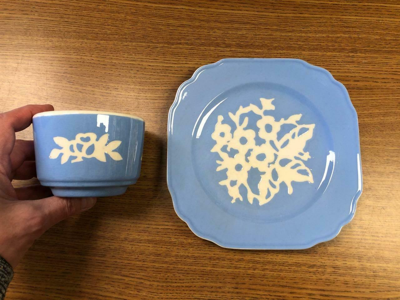 Two  Blue Harker Cameo Ware Pottery Floral Pattern Pieces Cheap!