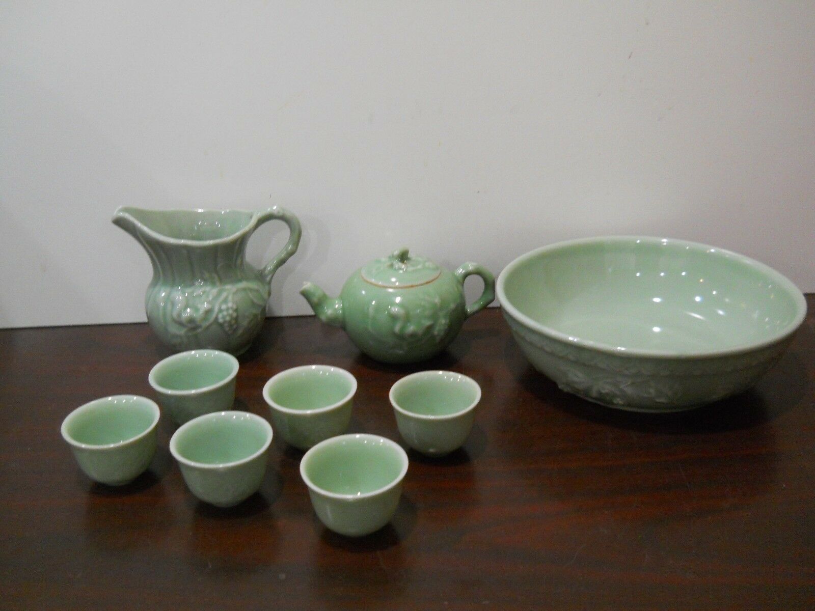 Celadon Green Sake or Child's Tea Set Bowl Teapot Creamer & 6 Cups Kin Da Art Co