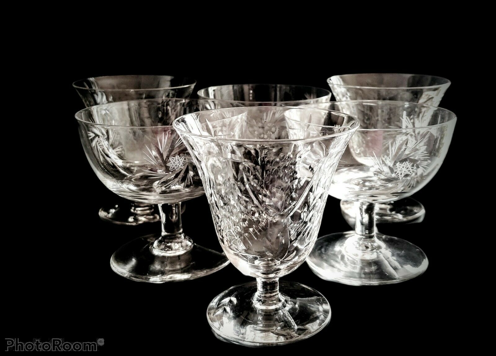 Mixed Lot 6 Short Libbey Rock Sharpe And Star Pinwheel Etched Cordial Glasses