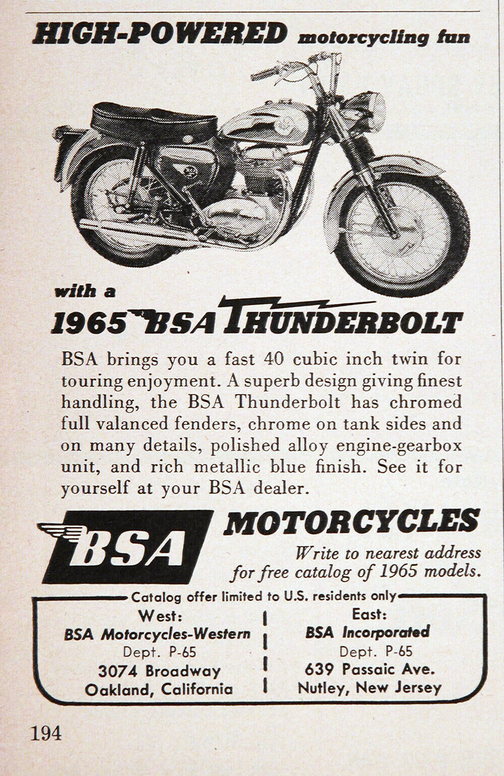 1965 Bsa Thunderbolt Original Vintage Ad ~ 40 Cu. In. Twin ~ Free Shipping!