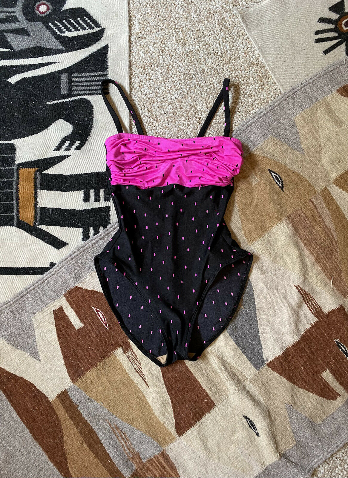 Vintage 80s Hot Pink Black Polka Dot One Piece High Rise Swim Suit size M
