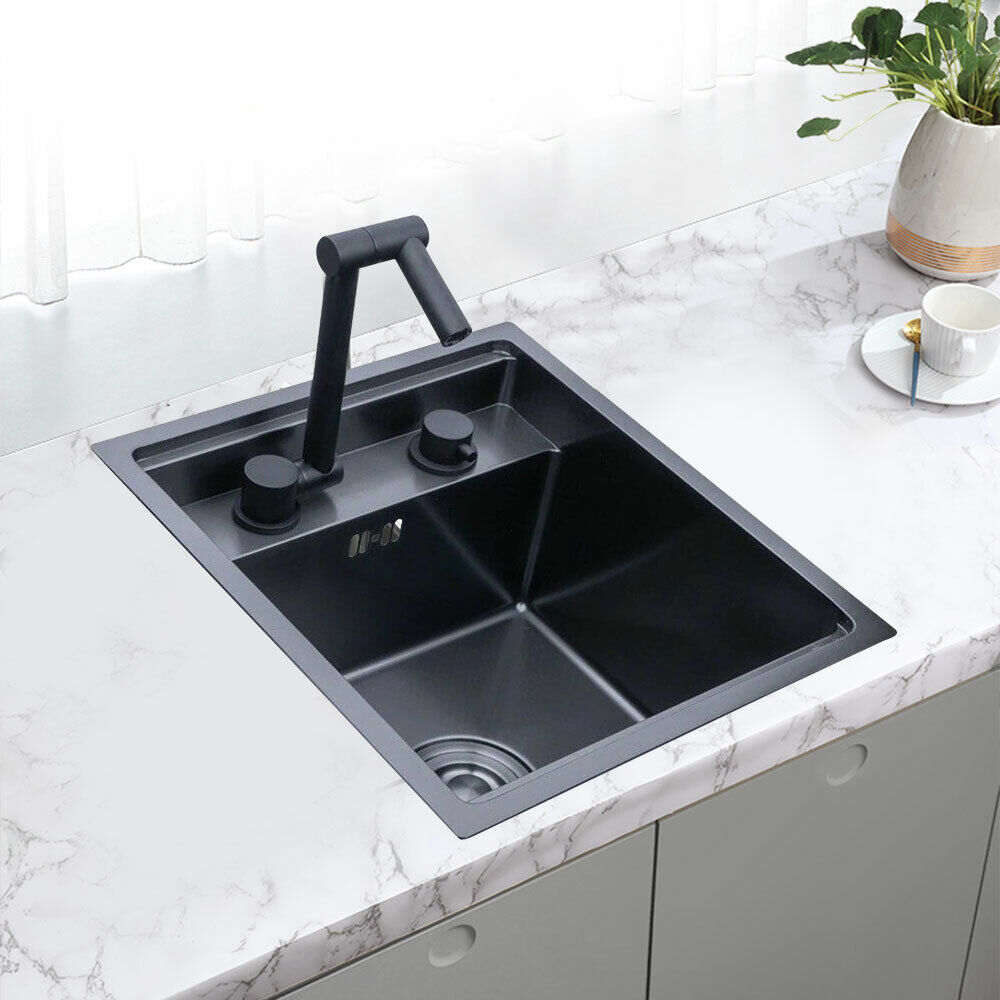 Undermount Stainless Steel Kitchen Sink Hidden Single Bowl W/Folding Faucet Kit