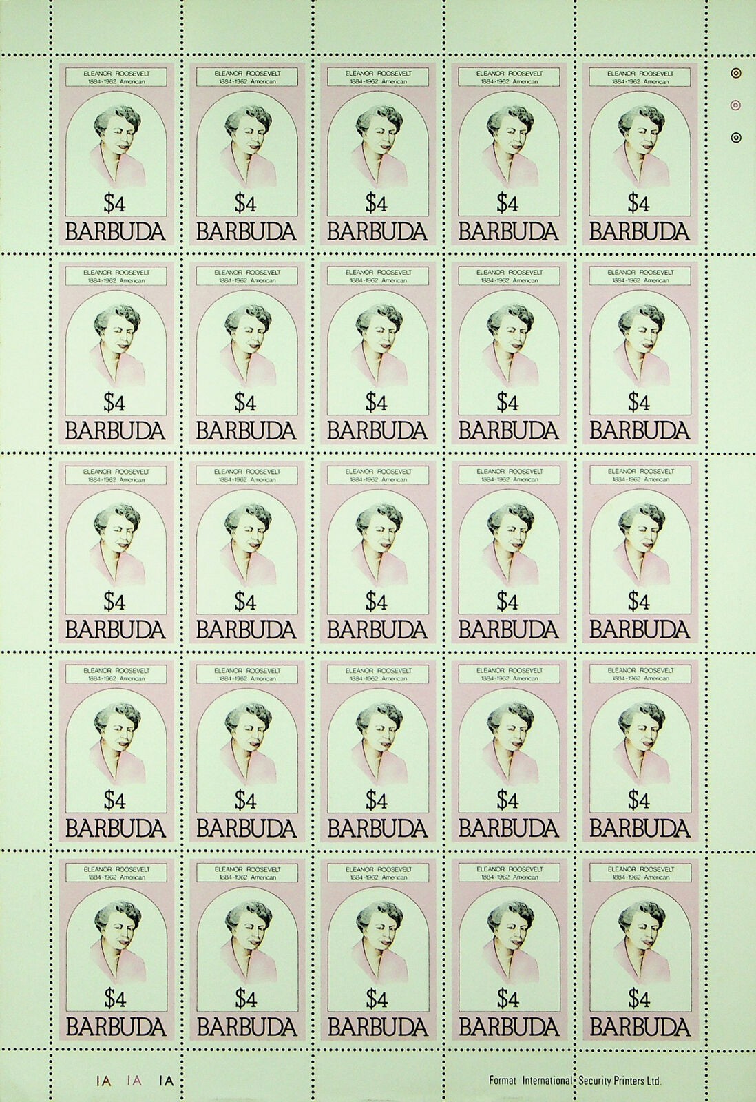 BARBUDA AMERICAN ELEANOR ROOSEVELT $4 x 20v FINE MNH SHEET