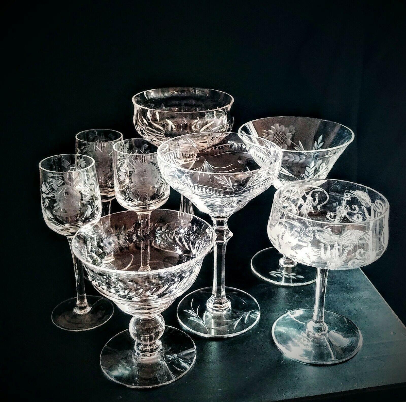 Mixed Lot 8 Vintage Mcm  Etched Crystal Sherbet Champagne Port Cordial Glasses