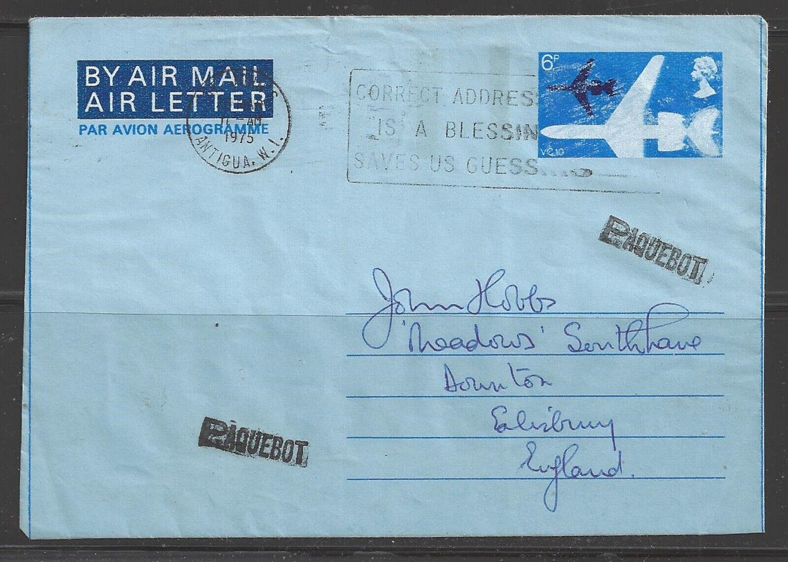 1975 British Air Letter With Antigua Paquebot Marking