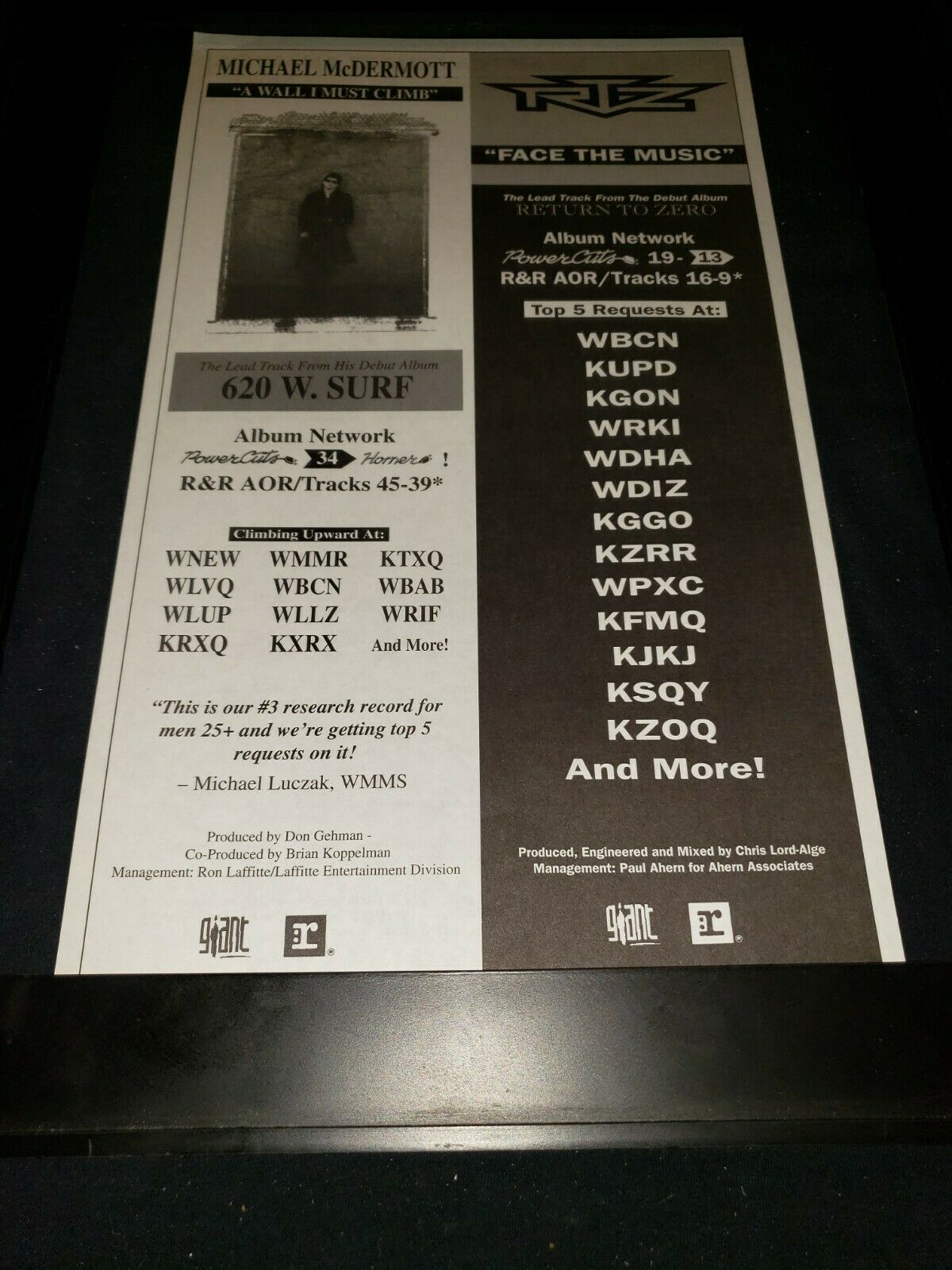 Rtz/michael Mcdermott Rare Original Radio Promo Poster Ad Framed