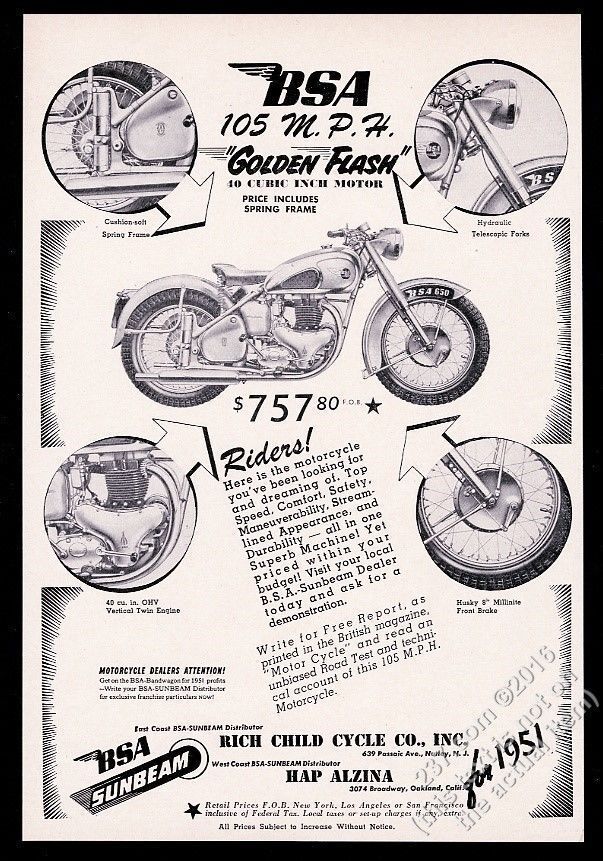 1951 Bsa Golden Flash 650 Motorcycle Photo Vintage Print Ad
